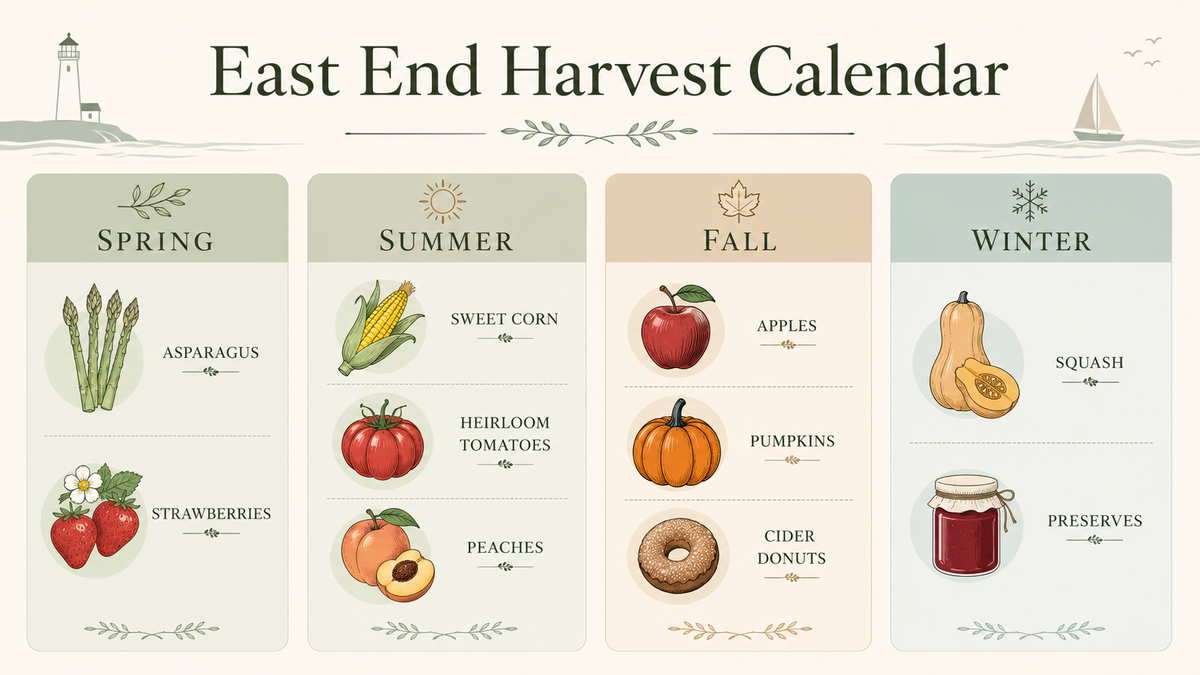 East End harvest calendar infographic showing seasonal produce for Spring, Summer, Fall, and Winter in the Hamptons and North Fork