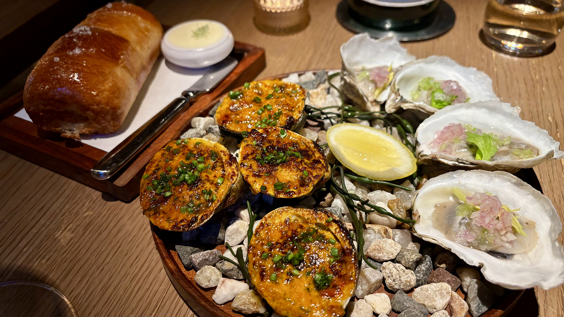 Baked clams and oysters by candlelight at North Fork Table & Inn in Southold