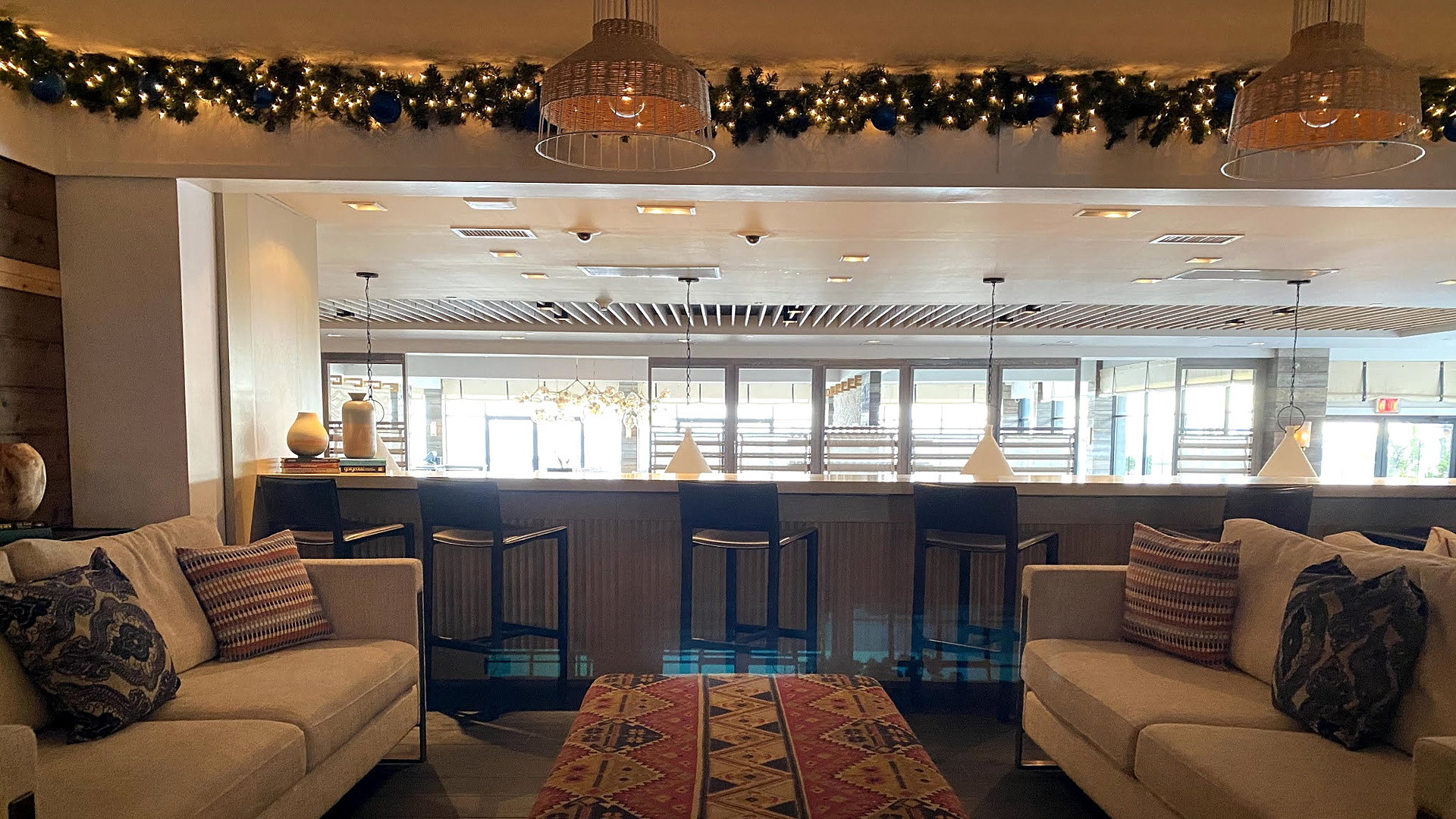 Holiday garland and lights over the lounge bar at Gurney's Montauk
