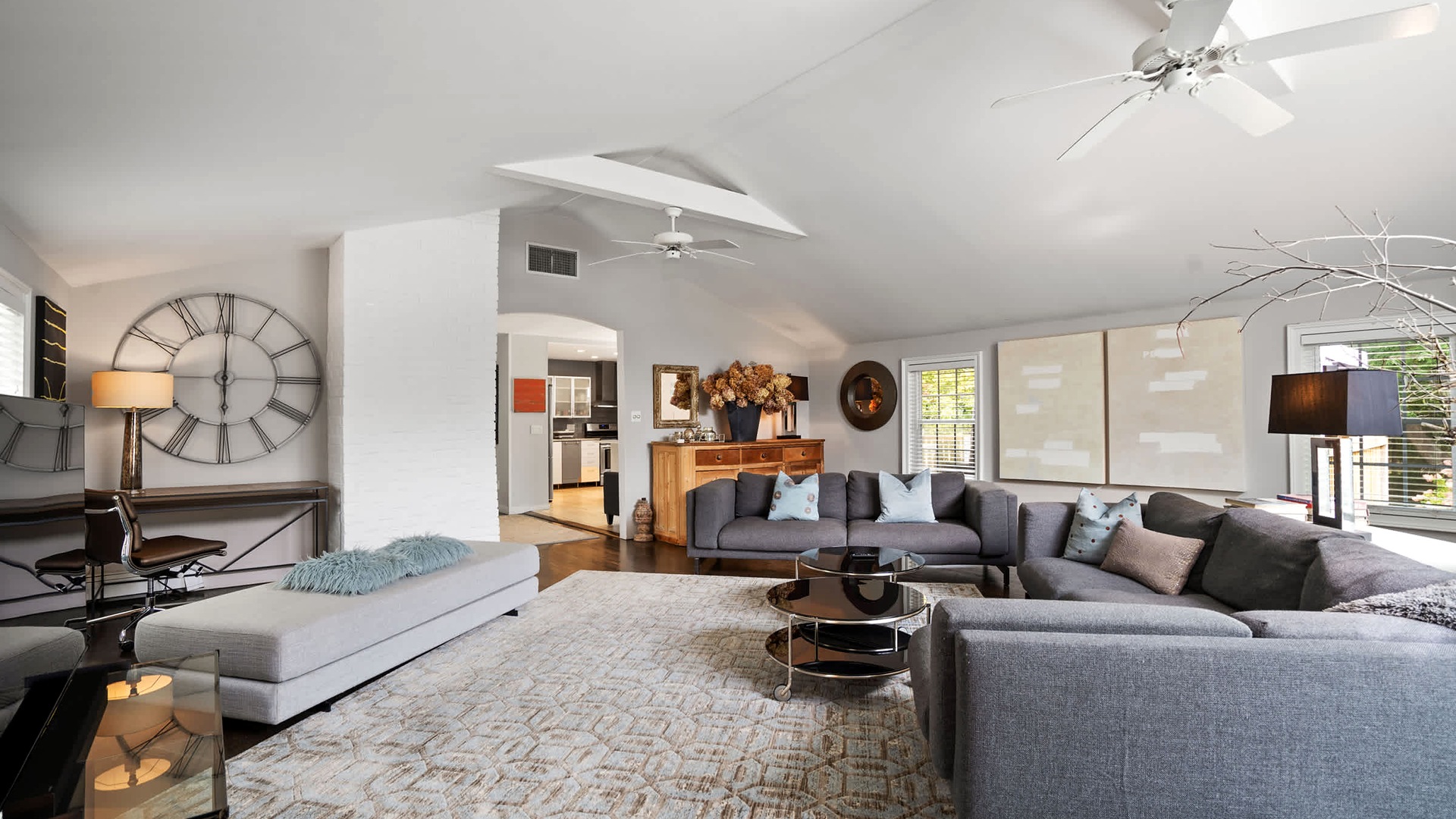 Vaulted, skylit living room of the Southampton 5BR rental in Southampton, NY